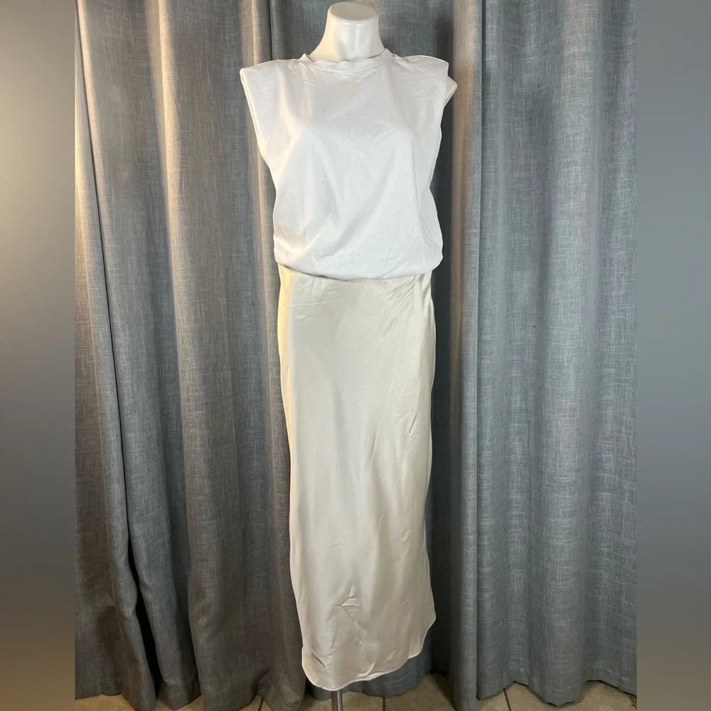 Zara White Sleeveless Top with Cream Maxi Skirt